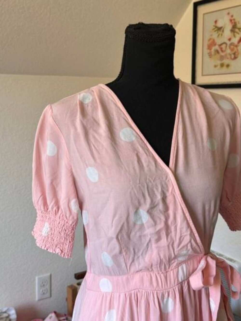 J glee Baby pink polka dot wrap dress shirred sz med cottagecore coquette
